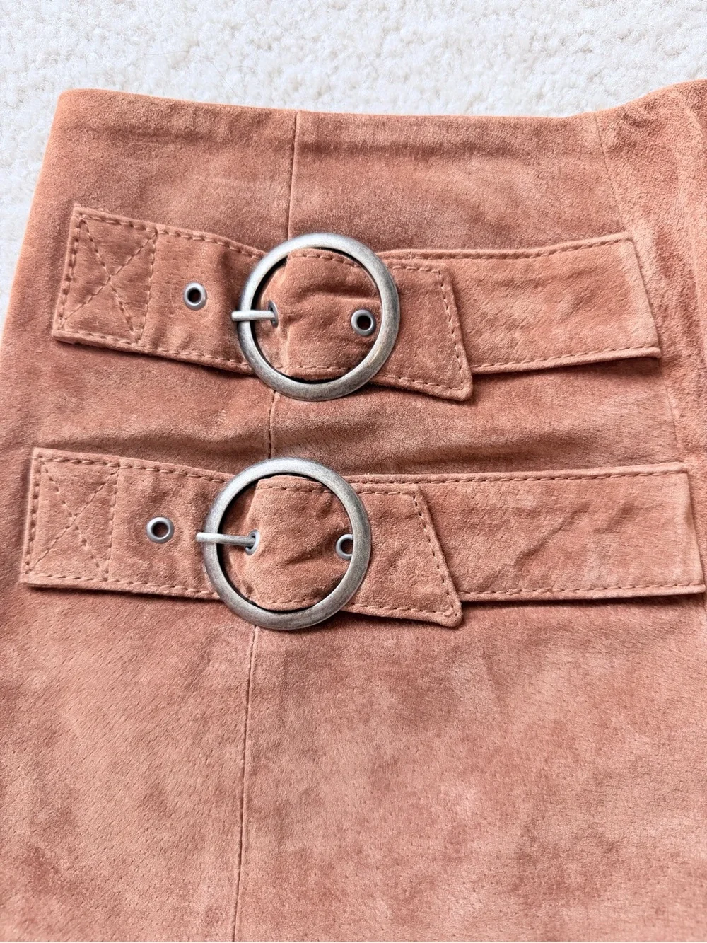 BlankNYC El Dorado Double Buckle Suede Leather Mini Skirt Size 26 Boho Western